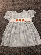 Three Sisters Toddler Girls Blue gingham Fall Pumpkin  Dress Size 6 picture