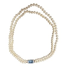 Vintage SAL Swarovski Double Strand Pearl Necklace Blue Topaz Baguette Clasp 23