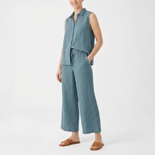 NWT Eileen Fisher Puckered Organic Linen Grid Wide-Leg Pant, 2 Colors, XXS-3X picture