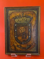 VTG Coat Of Arms Madrid Spain Tooled Leather Wood Frame Home Decor 10x13 1940's picture