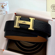 HERMÈS Men's Reversible Leather Dress Belt Black/Brown H Buckle Silver L picture