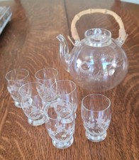 Japanese/Asian Bamboo Handle/Blown Glass Tea/Sake Set. Pot And 6 Glasses Vintage picture