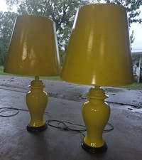 Vintage Pair Mid Century Yellow Ceramic Ginger Jar Lamps MCM Regency 25