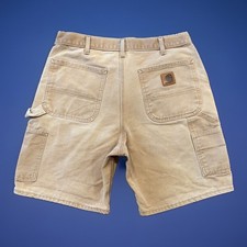 Vintage CARHARTT B25 BRN Carpenter Canvas LEATHER PATCH Shorts Sz 32/34 Mexico picture