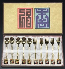 DESSERT SPOON FORK SET 10 PC GOLD PLATED ENAMEL VINTAGE FONS KOREA FLATWARE picture