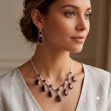 Handmade Garnet Jewelry Set, 925 Sterling Silver Necklace & Dangle Earrings picture