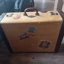Vintage Hard Tweed  Suitcase Leather Edges And Travel Stickers 18x24x8