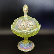 Fenton Topaz Opalescent Lily Valley Covered Candy Dish Marked UV Glows picture