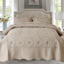 3-Piece Queen Quilt Set Taupe Floral Embroidery Reversible Bedding 90x90