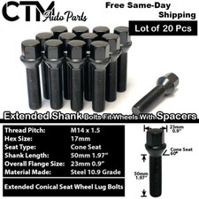 20x Black 14x1.5 Lug Bolt 50mm Shank Fit Audi Aftermarket Wheels 20-25mm Spacer picture
