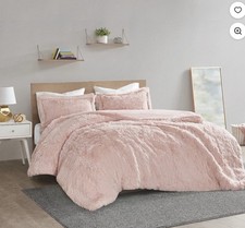 Full/Queen Leena 3pc Shaggy Faux Fur Duvet Cover Set Blush picture