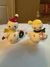 Vintage Norcrest Japan Ceramic Christmas Snowmen Salt And Pepper Shakers, RARE picture
