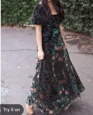In Loom Burnout Velvet Puff Sleeve Green Maxi Dress Size S Whimsigoth  picture