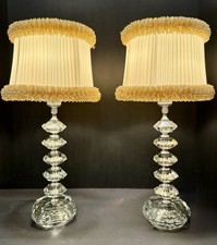 Vintage Hollywood Regency Pair Stacked Crystal Like Lamps Original Shades picture