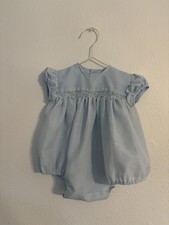 English Blue Bubble Romper Vintage Smocked 12M picture