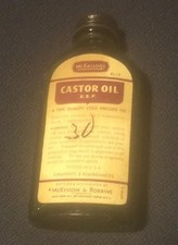 Vintage McKesson's Castor Oil Nearly Empty 2 oz Green Bottle McKesson & Robbins picture