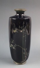 Japanese Meiji black shippo cloisonné tree bird vase 4.5