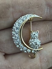Vintage Carolee- Signed Brooch Pin Rhinestone Cat On Crescent Moon picture