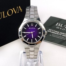 Bulova Prestige 96M168 Women's Purple Dial Textured Stainless Quartz Watch 32mm picture