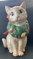 Vintage Fitz & Floyd Retired Christmas Cat, Fruit Wreath & Blue Eyes, 1992, 9 in picture