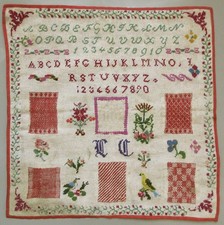 CIRCA 1890 ANTIQUE FRENCH WOOLWORK SAMPLER - CROSSTITCH & RED DARNING picture