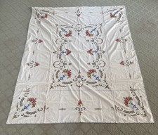Vtg Cross Stitch Tablecloth Cotton Huge 84 x 64 Crochet Lace Inset Colorful  Ut picture
