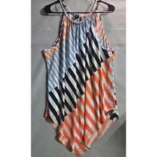 Alfani Woman 3X Halter Top Geometric Striped Handkerchief Hem Blouse Orange Blue picture