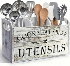 Rustic White Wooden Utensil Holder for Kitchen Counter Decor,Extra Large Kitc... picture