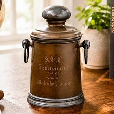 Nice Antique Golf Trophy Copper Metal Humidor Lidded Jar Canister Sports  picture