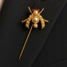 Gold Tone Bee Insect Stick Pin Faux White Round Pearl Rhinestone Accent picture