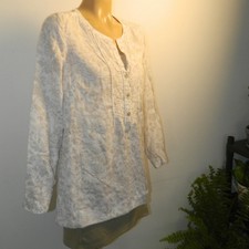 J. Jill Linen Tunic Blouse Womens L White Floral Pleated Pom Trim Long Sleeve picture