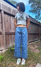 Vtg 1940 Women's Blue Cotton Twill Pleated High Rise chino Pants Pockets 24” w picture