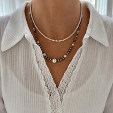 White Freshwater Pearl & Sterling Silver Necklace, 4-10mm Navajo Pearl Choker picture