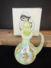 Fenton Lily Trail on Topaz Vaseline Opalescent Cruet 3208 TK w Box (Glows) picture