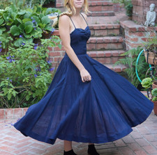 Vintage 50s Handmade XS Linen Full skirt Maxi Dress Navy petite picture