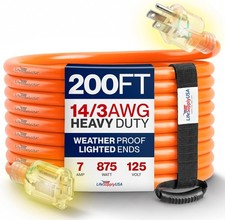 200ft Outdoor/Indoor Extension Cord 14/3 Gauge Heavy Duty 3 Prong SJTW picture