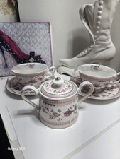 Grace Teaware Pink Rose Pink & Gold Band Porcelain Tea Cups, Plates, &Sugar Bowl picture