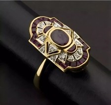 Art Deco Style Oval Ruby Lab Created Diamond 14K Yellow Gold FN Engagement Ring picture