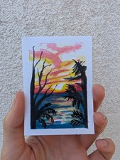 ACEO Original Sunset Seascape PalmTree Painting Nature Water GraceArtGarage 2/3 picture