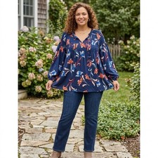 ana A New Approach Camron Floral Smocked Peasant Blouse Navy Blue XL NWT picture