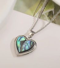 Abalone Shell Heart Locket Necklace — Silver Tone Vintage Photo Pendant picture