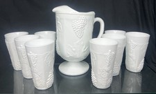 VTG Indiana Glass Colony Harvest Grape White Milk Glass Pitcher /8 Tumblers Set picture