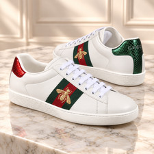 Gucci Women Ace Low Top Sneaker White Gold Bee Web Stripe Casual Shoes picture