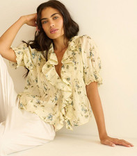 DÔEN Henri Sunshine Prairie Rose Floral Yellow Cotton Women's Blouse Tunic Top S picture