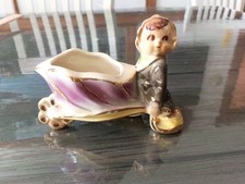 Vintage Ceramic Shawnee Pixie Elf with Flower Leaf Wheelbarrow Pottery Planter picture