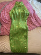 Authentic Vintage 2000s Silk Luxury Cheongsam Qipao Dress Green High Slit Halter picture