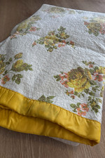 VTG 1970s Floral Acrylic Thermal Blanket White Yellow Satin Trim Grandma Cottage picture