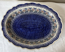 Vintage Manufaktura Polish Pottery Oval Serving Platter, 15” Long Scalloped Bowl picture