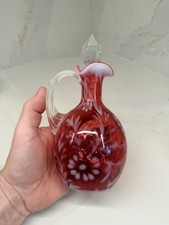Vtg Fenton Cranberry Opalescent Daisy Fern Cruet Pitcher Ruffled 7.5” w/stopper picture