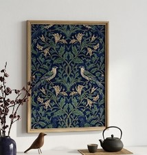 William Morris Birds & Floral Digital Wall Art | Vintage Botanical Navy Print picture